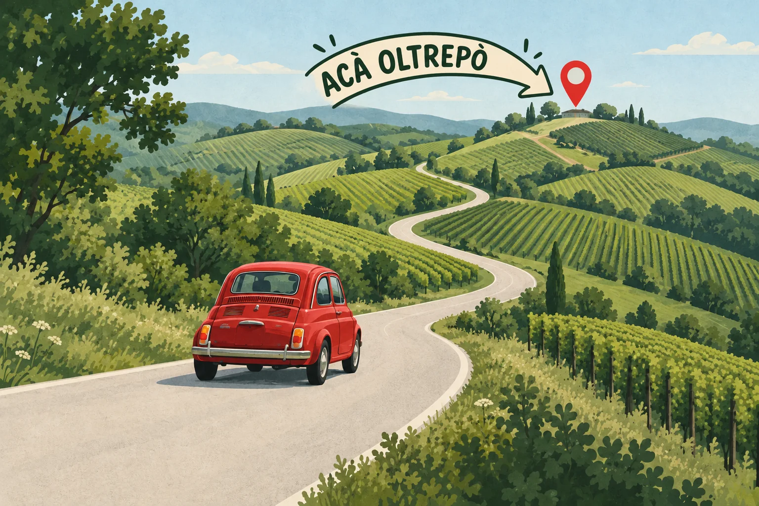 Illustrazione di un’auto rossa tra le colline, con freccia verso Acà Oltrepò