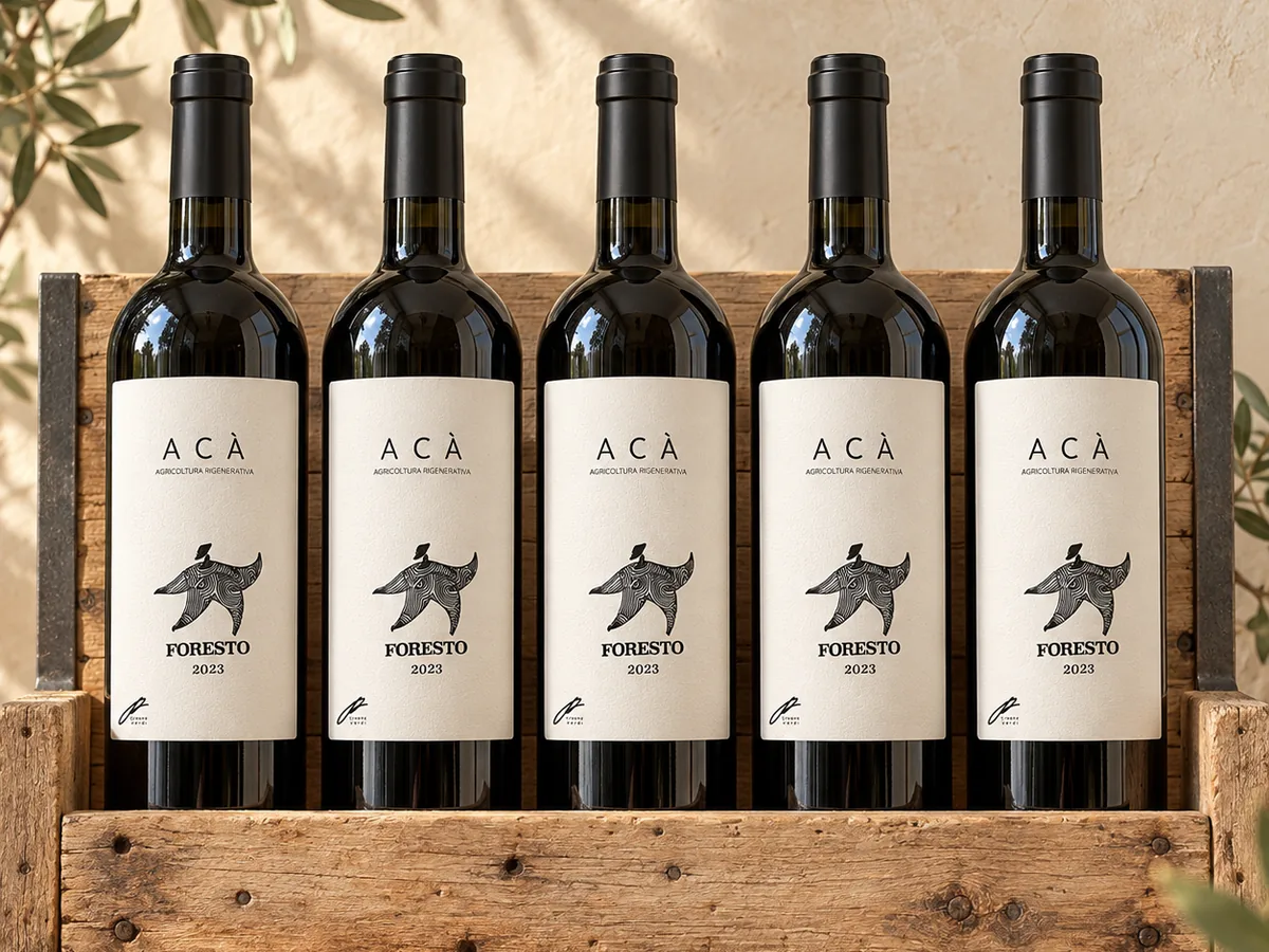 Bottiglie di vino ACÀ Foresto su un espositore in legno recuperato